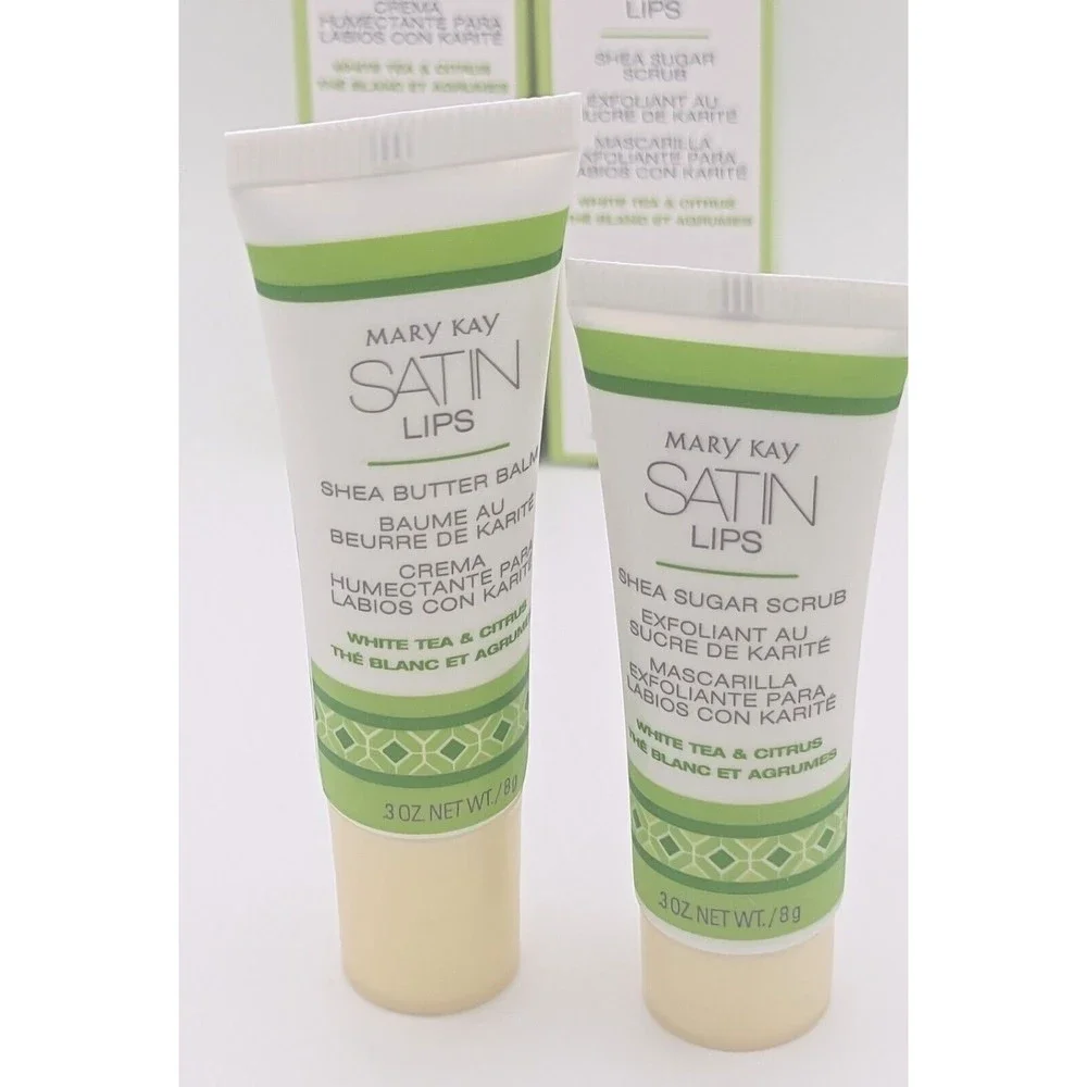 MARY KAY SATIN LIPS SET (WHITE TEA & CITRUS) SHEA BUTTER BALM~EXFOLIATE SCRUB!‎